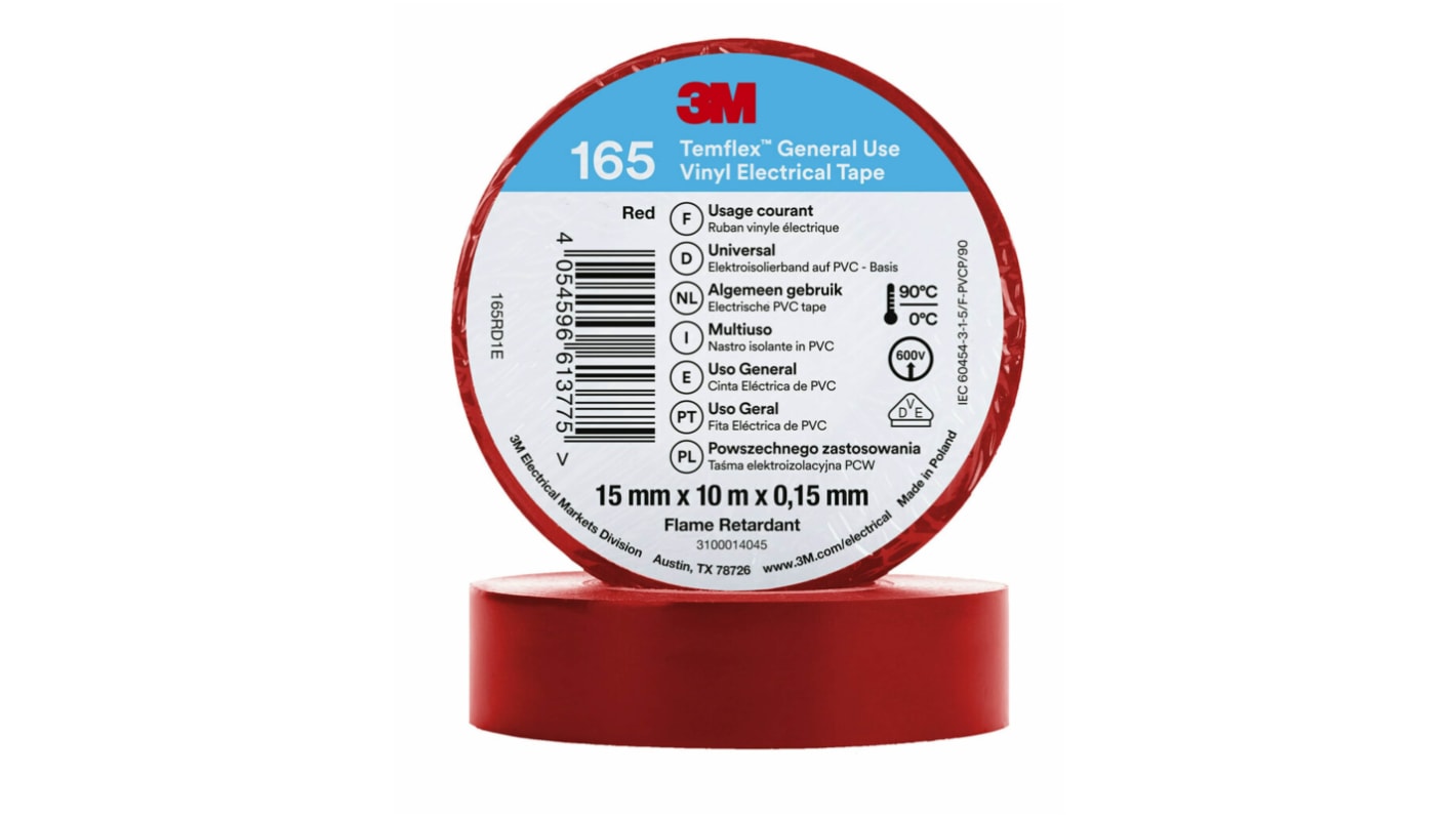 3M 165 red 15mm x 10m 3M Temflex 165 Red Vinyl Electrical Tape, 15mm x 10m RS