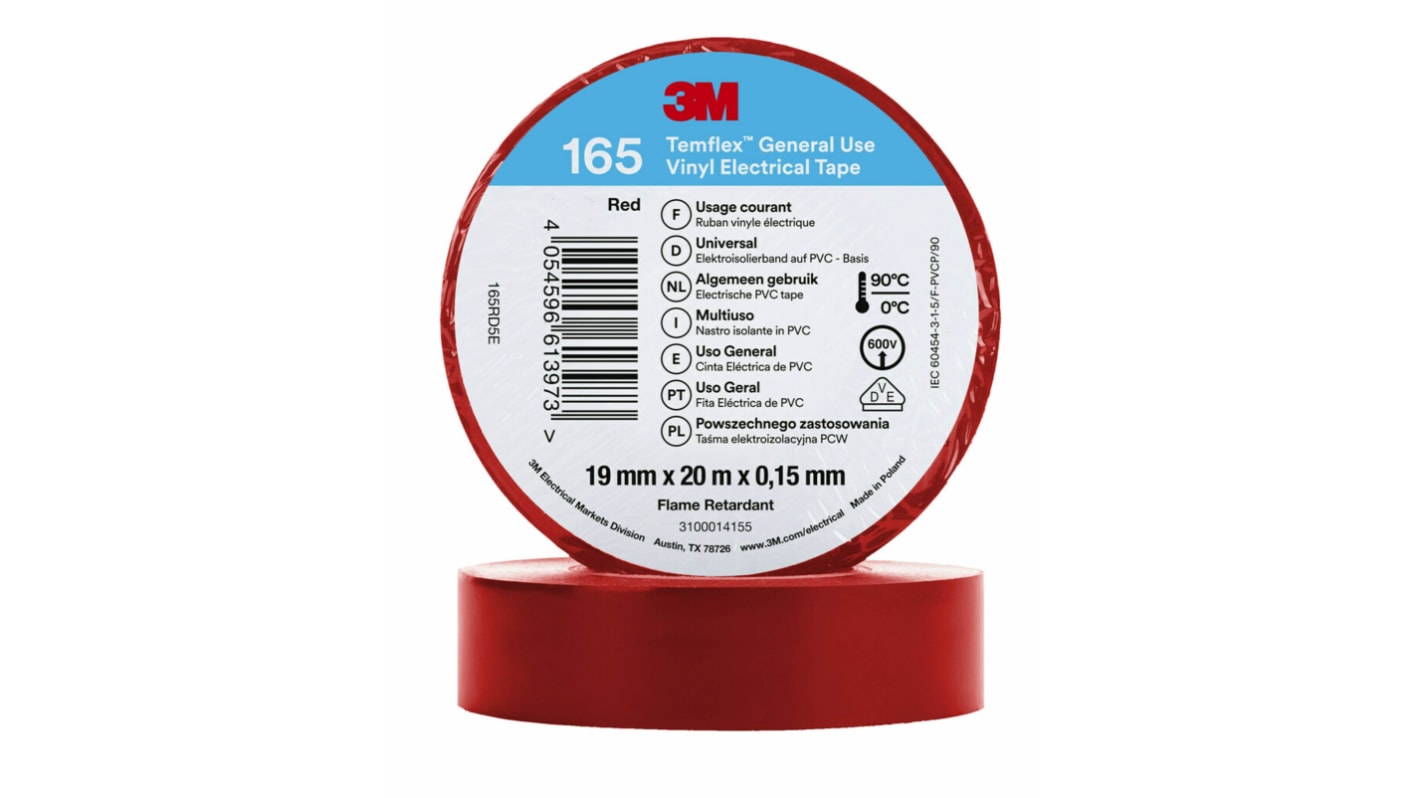 3M Temflex 165 Red Vinyl Electrical Tape, 19mm x 20m