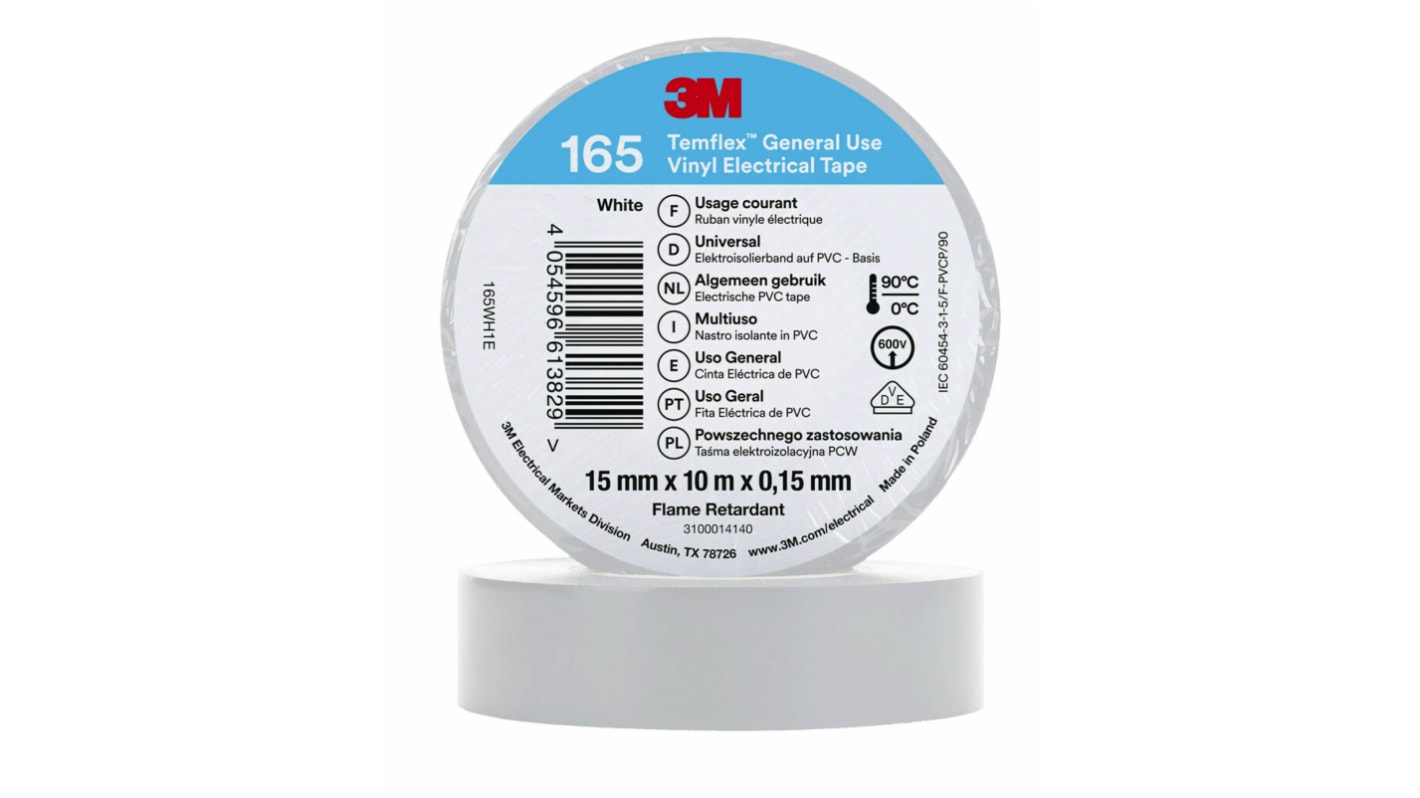 3M 165 white 15mm x 10m, 3M Temflex 165 White Vinyl Electrical Tape, 15mm  x 10m