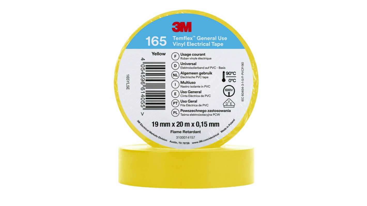 3M Temflex Yellow Vinyl Electrical Tape, 19mm x 20m