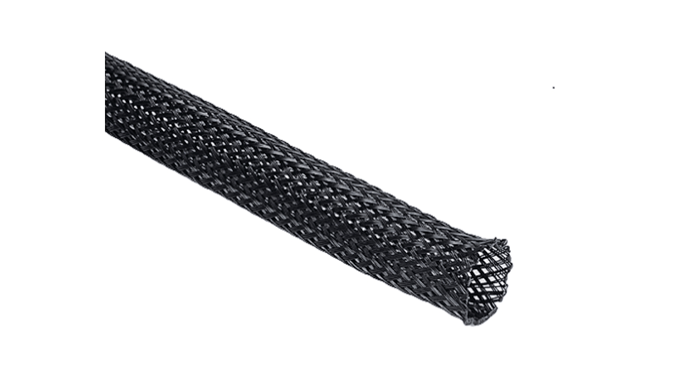 HellermannTyton Expandable Braided PET Black Protective Sleeving, 9mm Diameter, 100m Length, Helagaine HEGPX Series