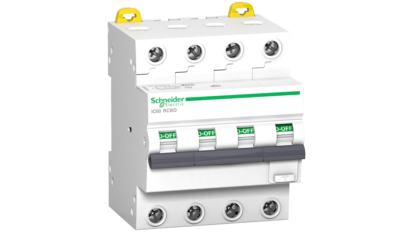 Schneider Electric RCBO, 32A Current Rating, 4P Poles, 30mA Trip Sensitivity, Acti 9 Range