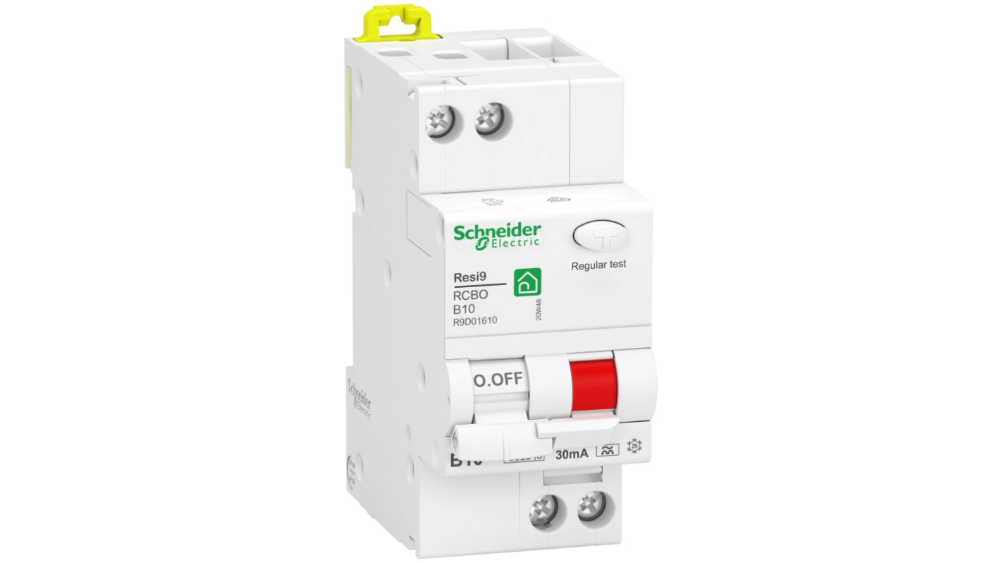 Schneider Electric RCBO, 10A Current Rating, 1P Poles, 30mA Trip Sensitivity, Resi9 Range