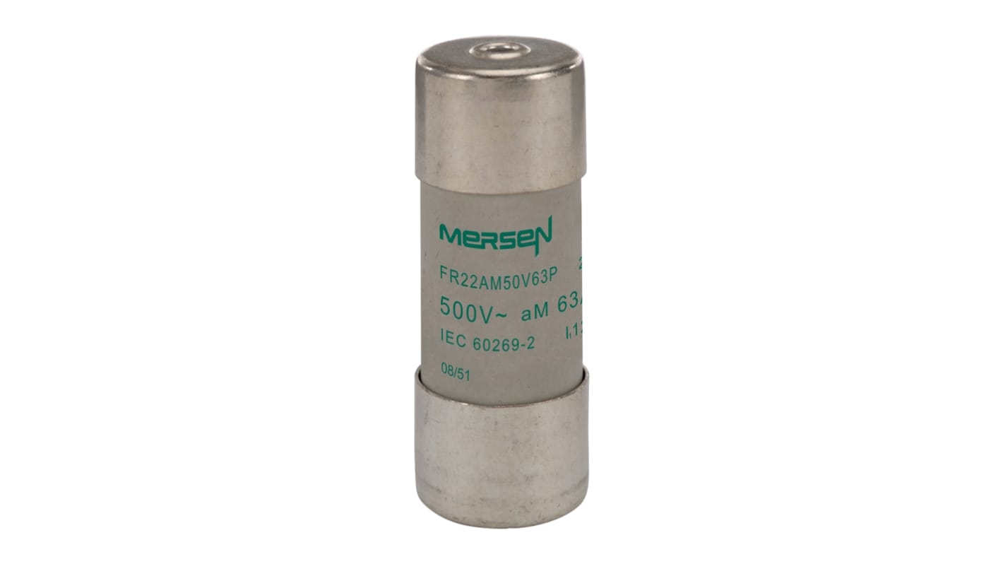 Mersen 63A Slow-Blow Ceramic Cartridge Fuse, 22.2 x 58mm