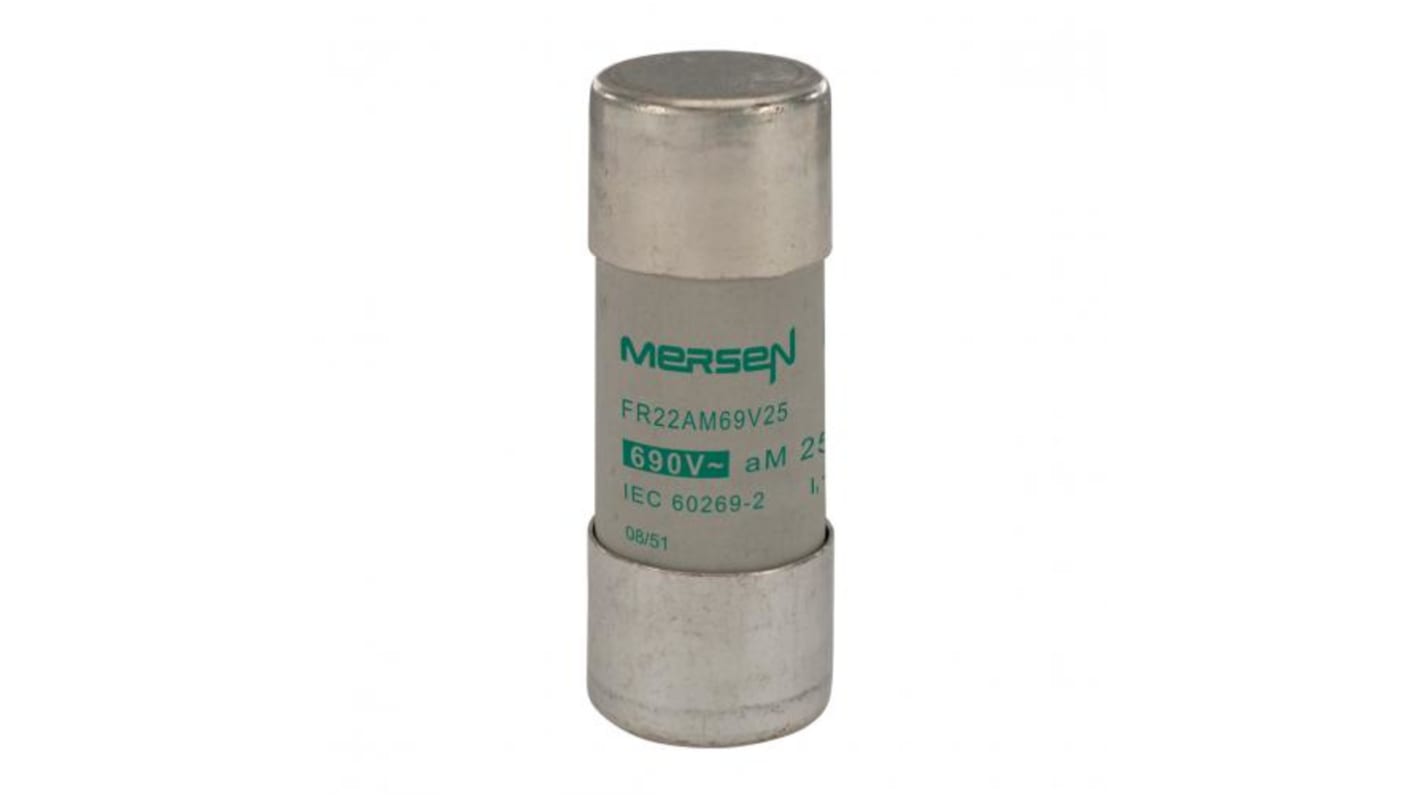 Fusible de cartucho cerámico Mersen, 690V ac, 25A, 22.2 x 58mm, acción aM
