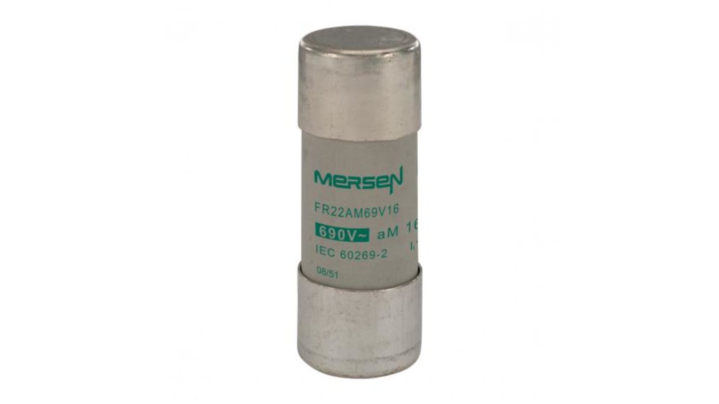 Fusible de cartucho cerámico Mersen, 690V ac, 16A, 22.2 x 58mm, acción aM