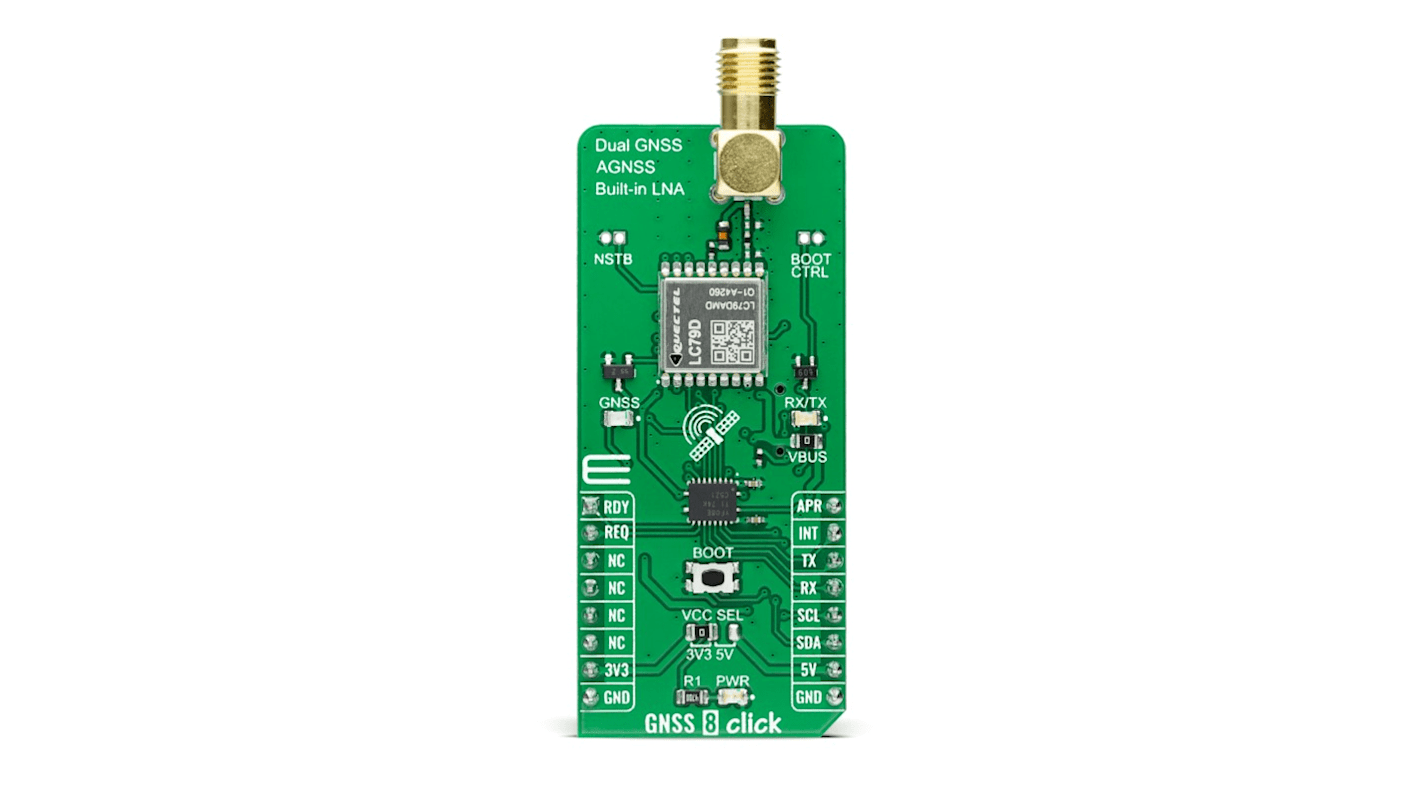 Komunikační a bezdrátový vývojový nástroj, pro GNSS, UART, 1602GHz, GNSS, GPS, GNSS 8 Click, MikroElektronika