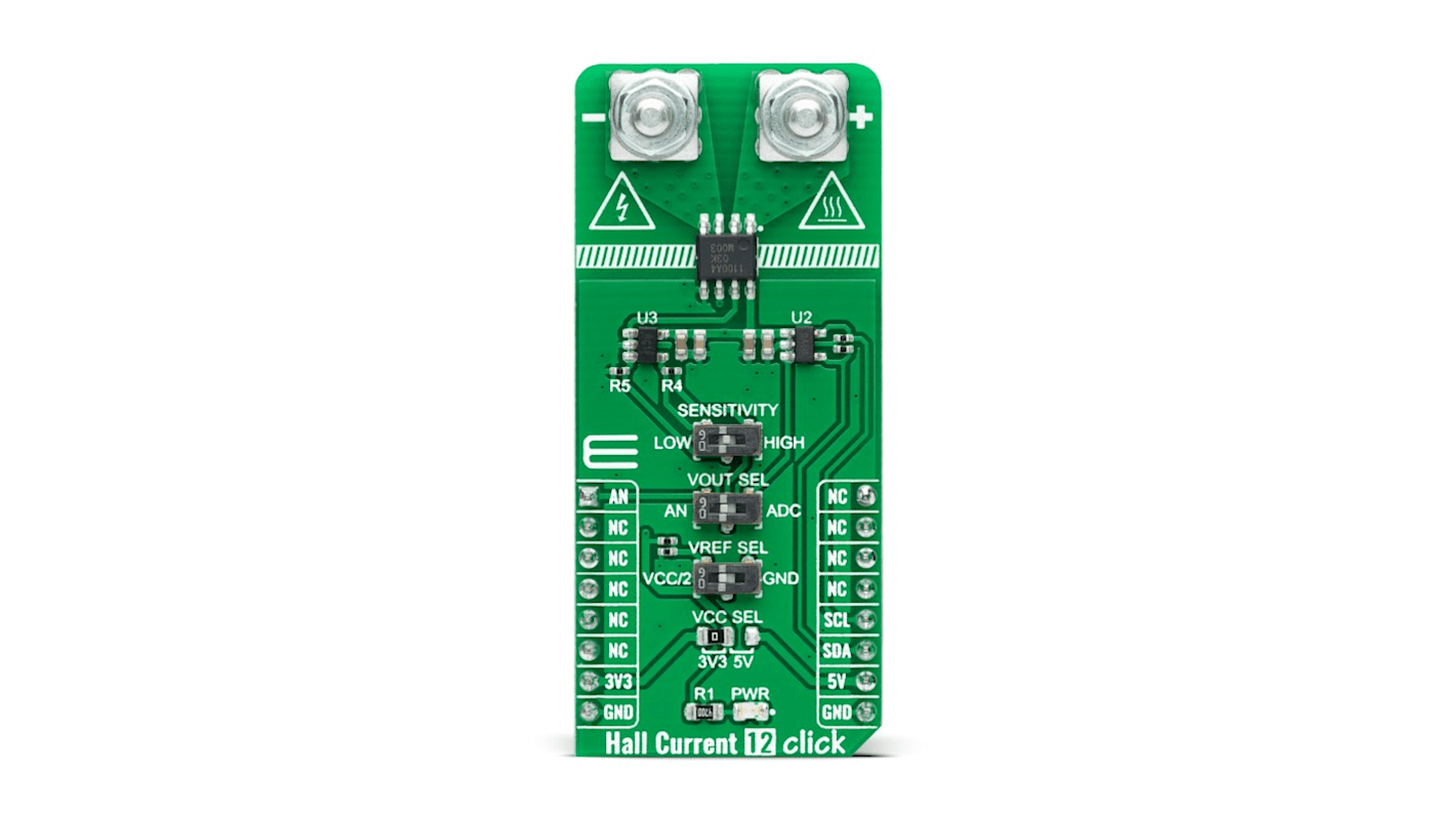 MikroElektronika Hall Current 12 Click Hall Effect Sensor Add On Board for LMV321, MCP3221, TMCS1100A4 mikroBUS socket