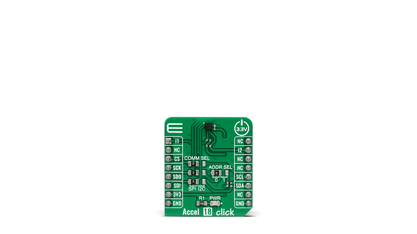 Akcelerometr, klasifikace: Přídavná deska for MC3419, pro použití s: Zásuvka mikroBUS Accel 18 Click MIKROE-4826,