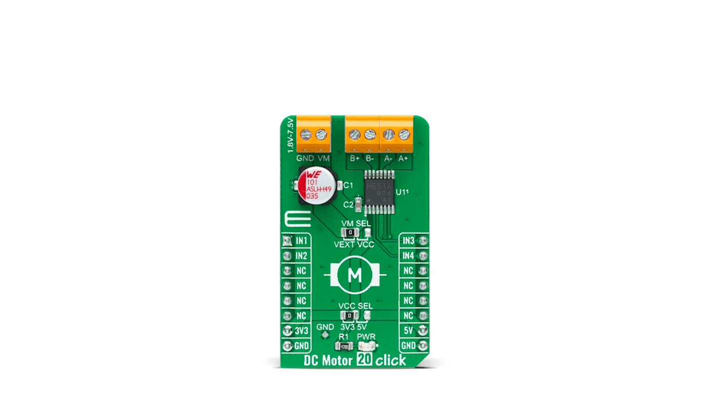 Napájecí, Vývojový nástroj pro motory a robotiku, DC Motor 20 Click, Budič motoru DC, MikroElektronika