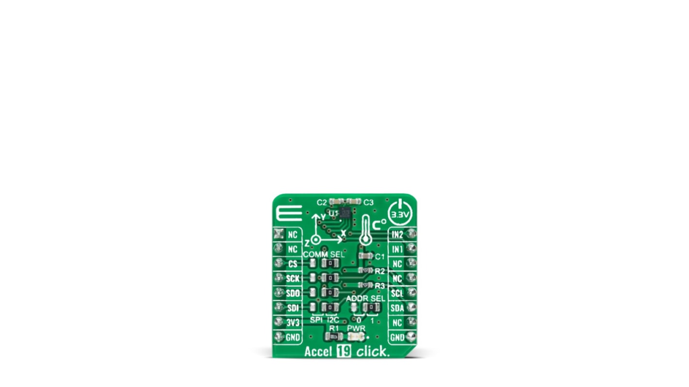 Placa complementaria Acelerómetro, Sensor de temperatura MikroElektronika Accel 19 Click - MIKROE-4949, para usar con