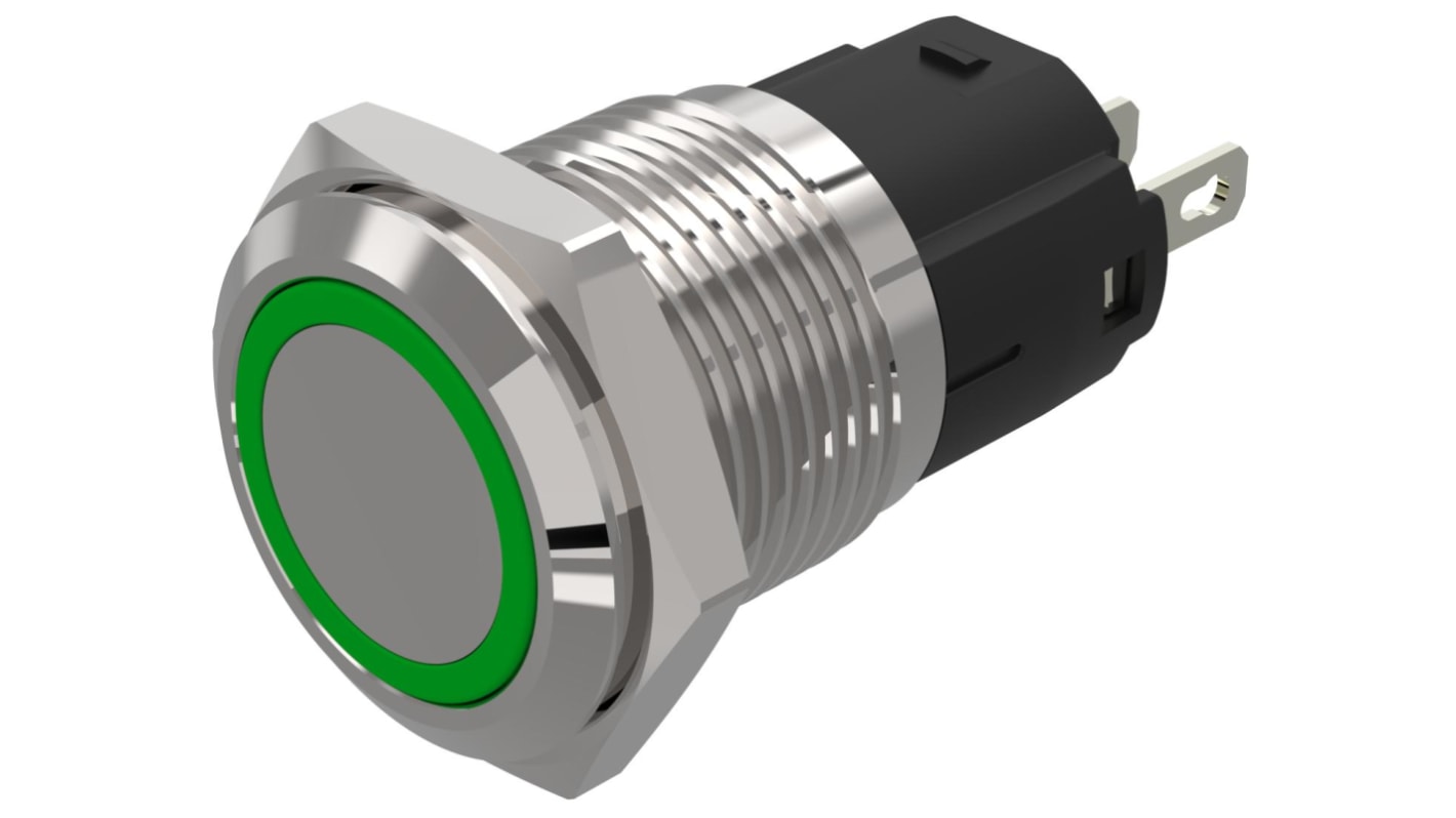 EAO 82 Series Green Indicator, 12V ac/dc, 16mm Mounting Hole Size, Solder Tab Termination, IP65, IP67