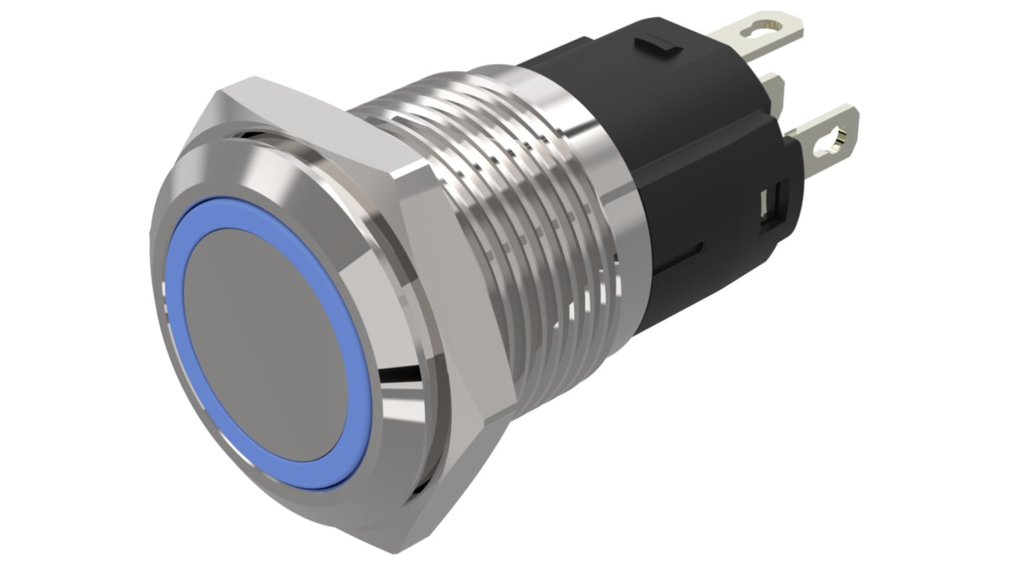 EAO 82 Series Illuminated Illuminated Push Button Switch, Momentary, Panel Mount, 16mm Cutout, SPDT, Blue LED, 24V,