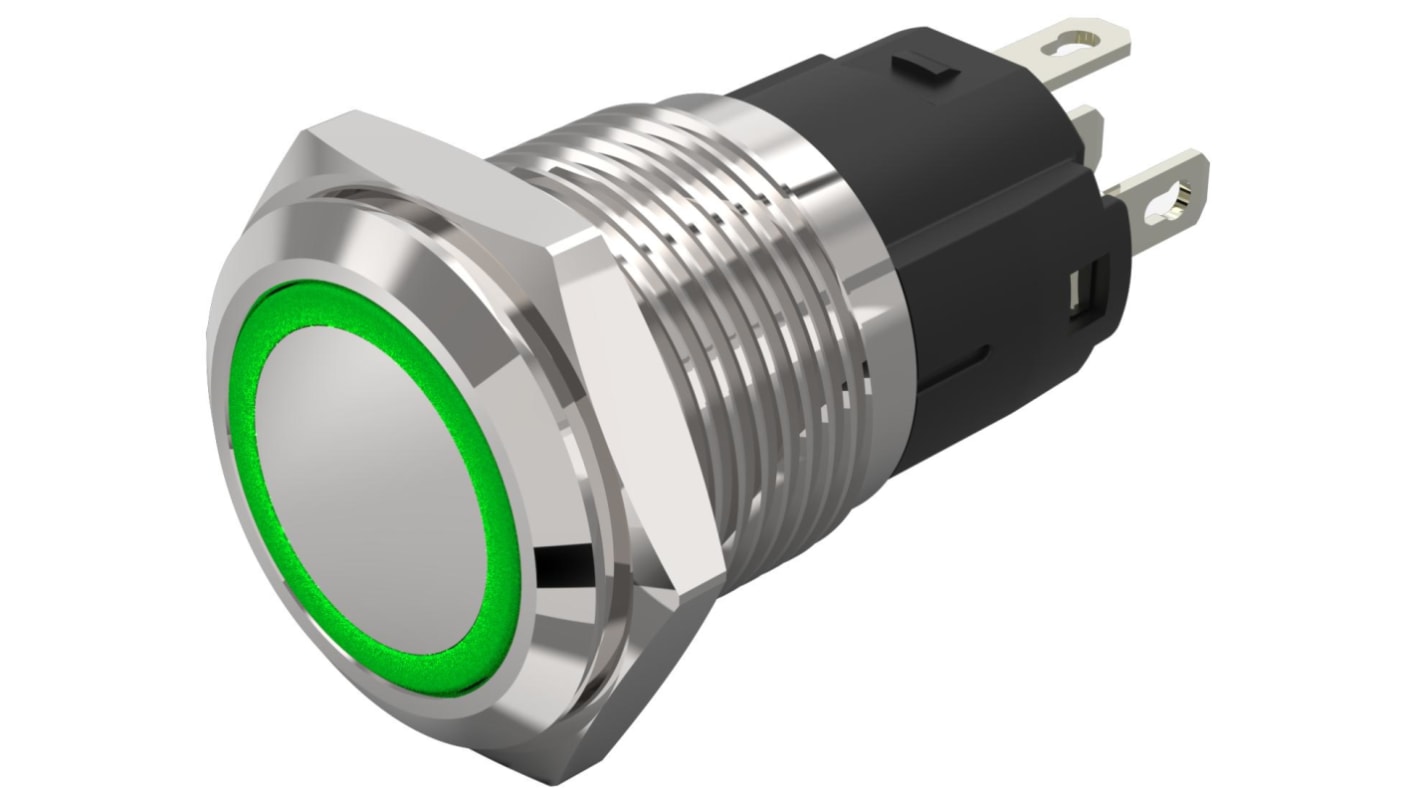 EAO 82 Series Illuminated Illuminated Push Button Switch, Momentary, Panel Mount, 16mm Cutout, SPDT, Green LED, 12V,