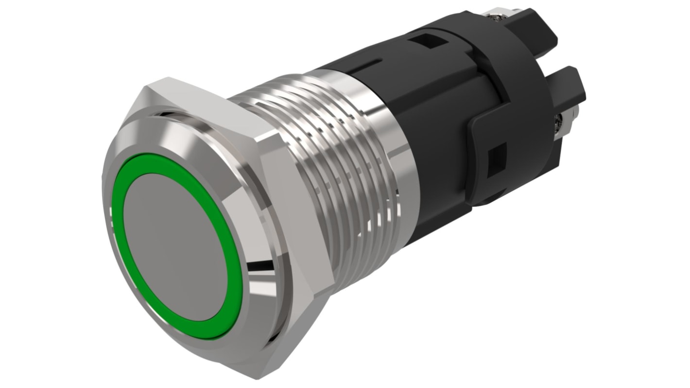 EAO 82 Series Illuminated Illuminated Push Button Switch, Momentary, Panel Mount, 16mm Cutout, SPDT, Green LED, 24V,