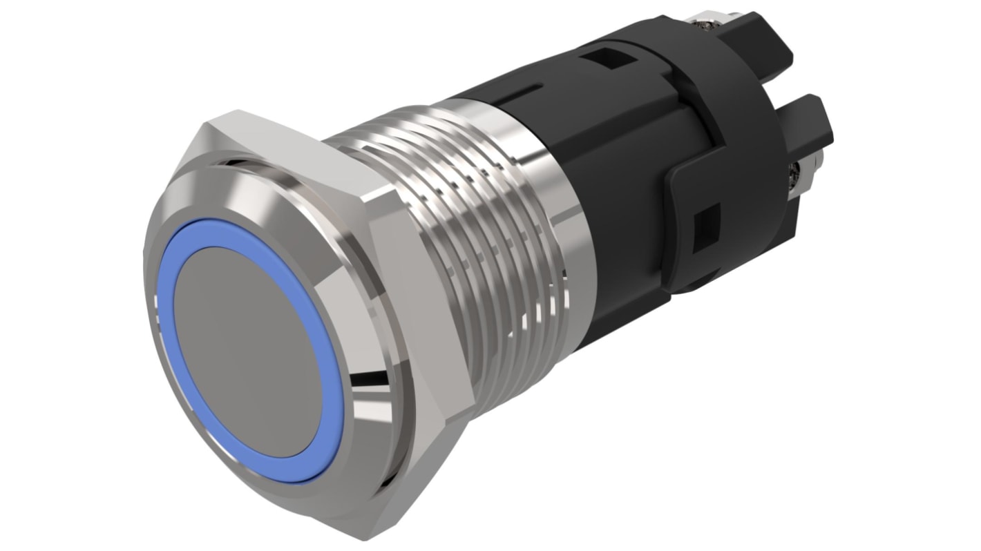 EAO 82 Series Illuminated Illuminated Push Button Switch, Latching, Panel Mount, 16mm Cutout, SPDT, Blue LED, 12V,