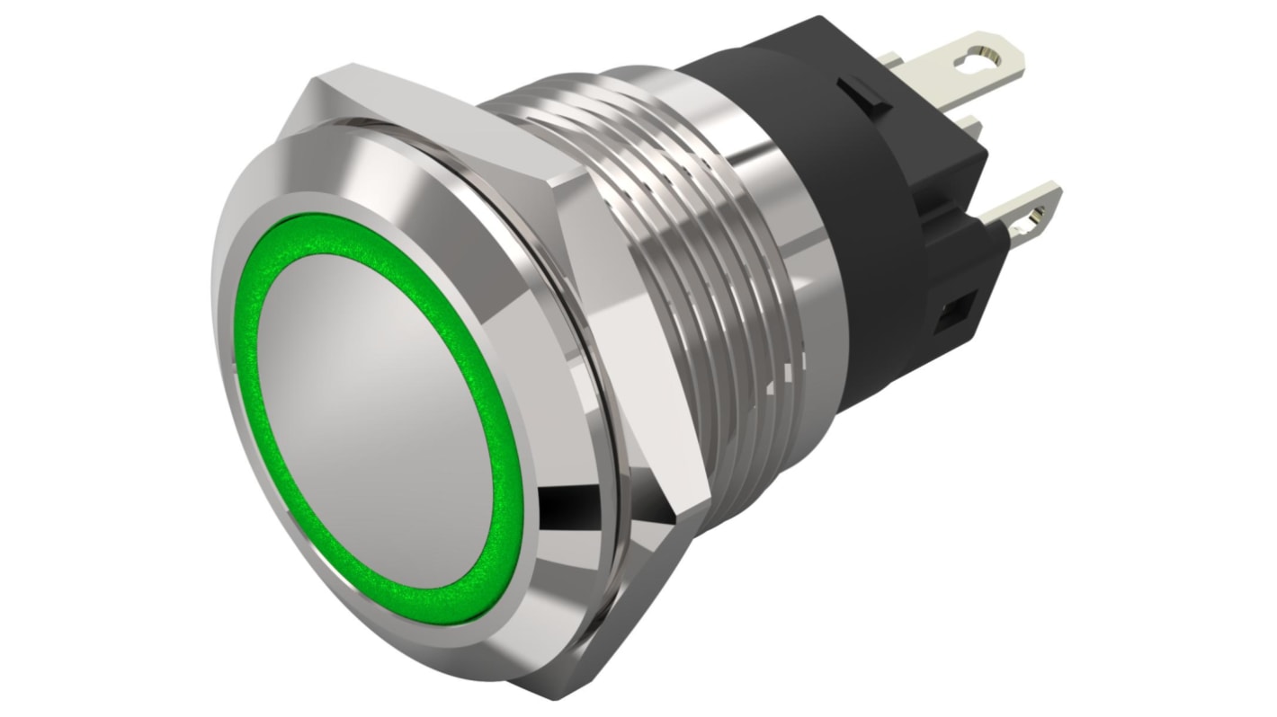 EAO 82 Series Illuminated Illuminated Push Button Switch, Latching, Panel Mount, 19mm Cutout, SPDT, Green LED, 240V,