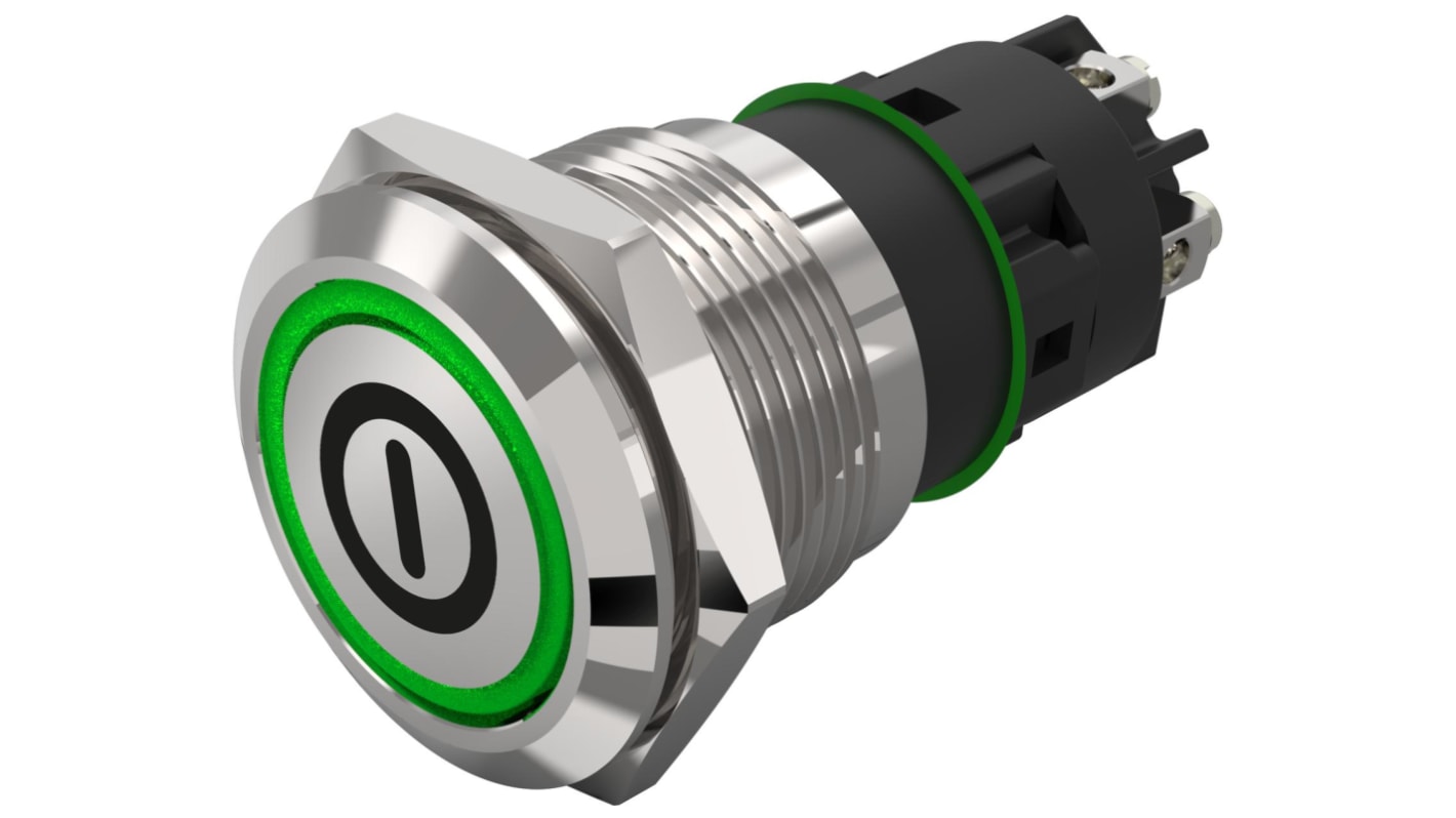 EAO 82 Series Illuminated Illuminated Push Button Switch, Momentary, Panel Mount, 19mm Cutout, SPDT, Green LED, 240V,