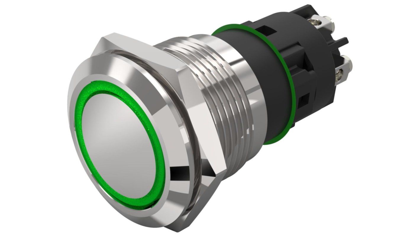 EAO 82 Series Illuminated Illuminated Push Button Switch, Latching, Panel Mount, 19mm Cutout, SPDT, Green LED, 240V,