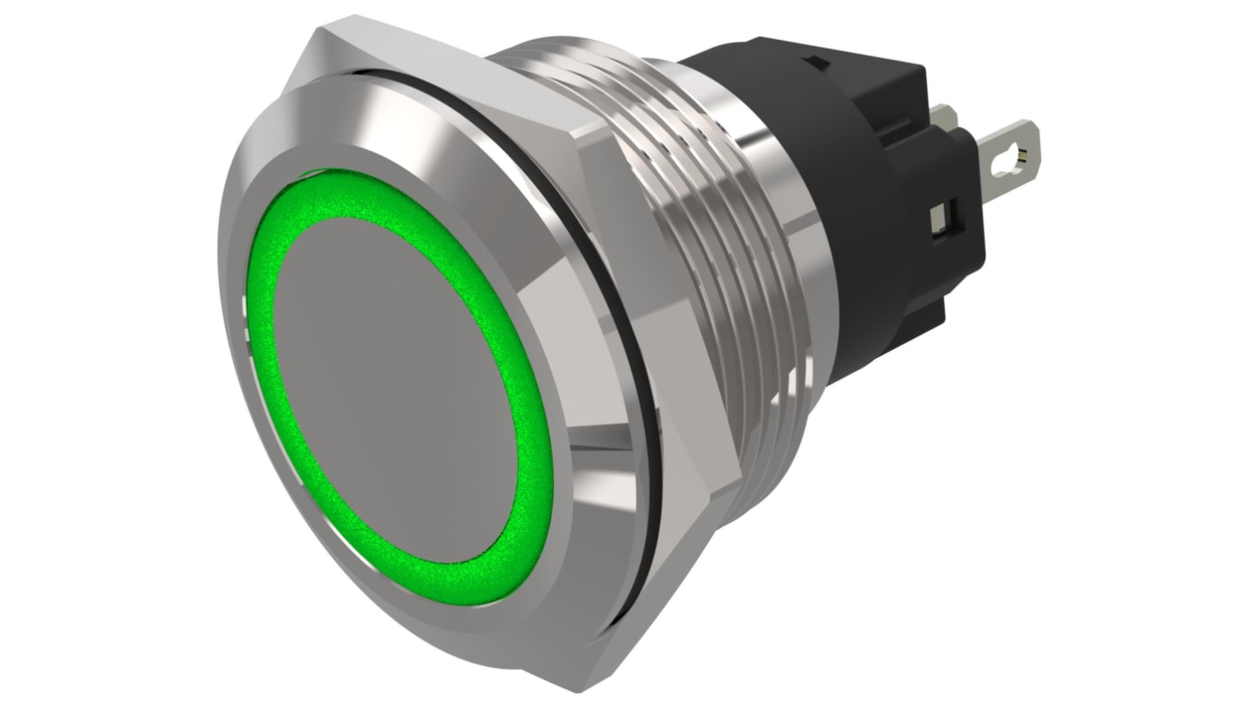 EAO 82 Series Green Indicator, 24V ac/dc, 22mm Mounting Hole Size, Solder Tab Termination, IP65, IP67