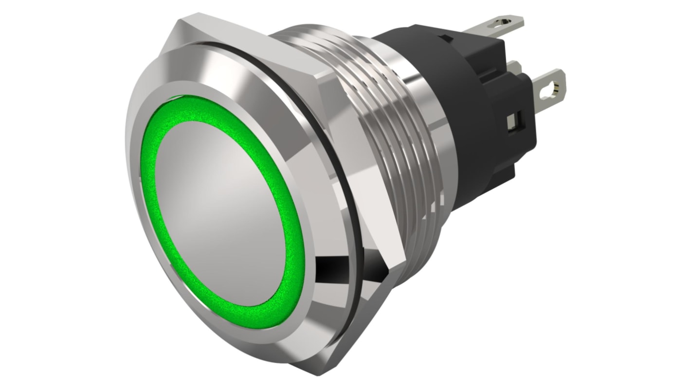 EAO 82 Series Illuminated Illuminated Push Button Switch, Latching, Panel Mount, 22.3mm Cutout, SPDT, Green LED, 240V,