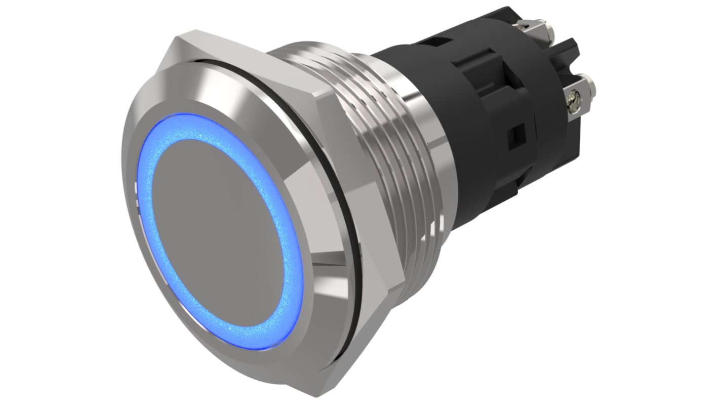 EAO 82 Series Illuminated Illuminated Push Button Switch, Momentary, Panel Mount, 22.3mm Cutout, SPDT, Blue LED, 240V,