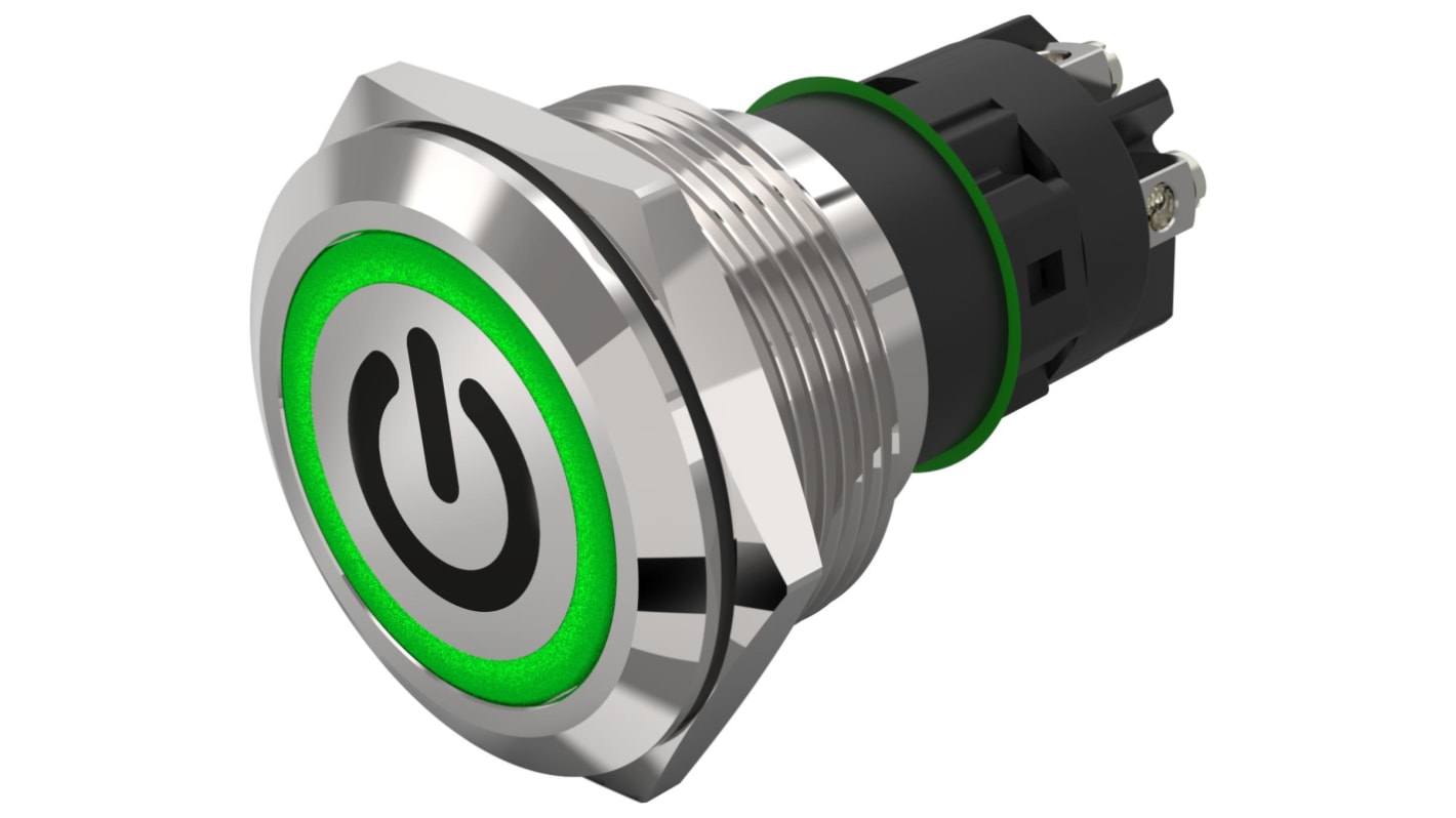 EAO 82 Series Illuminated Illuminated Push Button Switch, Latching, Panel Mount, 22.3mm Cutout, SPDT, Green LED, 240V,