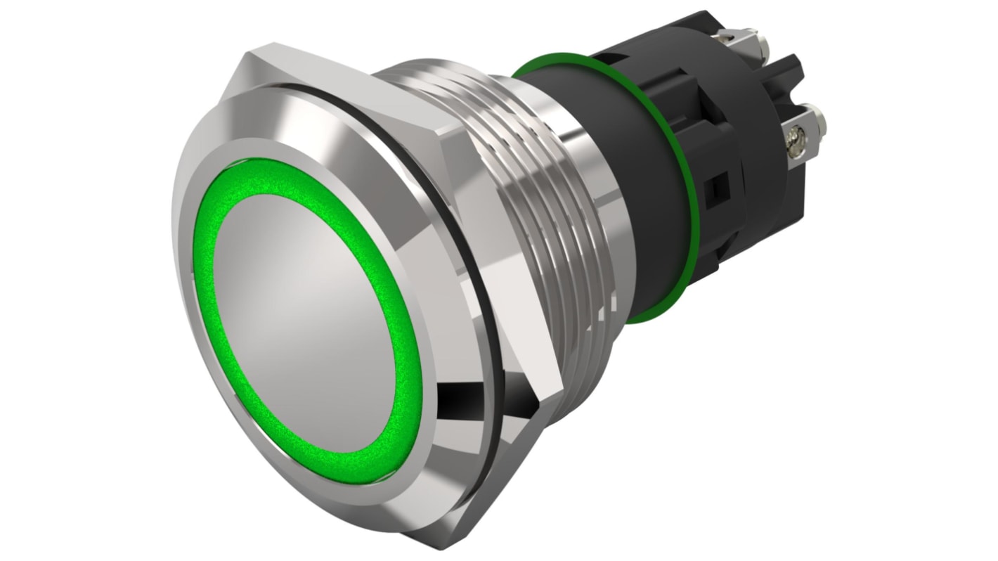 EAO 82 Series Illuminated Illuminated Push Button Switch, Latching, Panel Mount, 22.3mm Cutout, SPDT, Green LED, 240V,