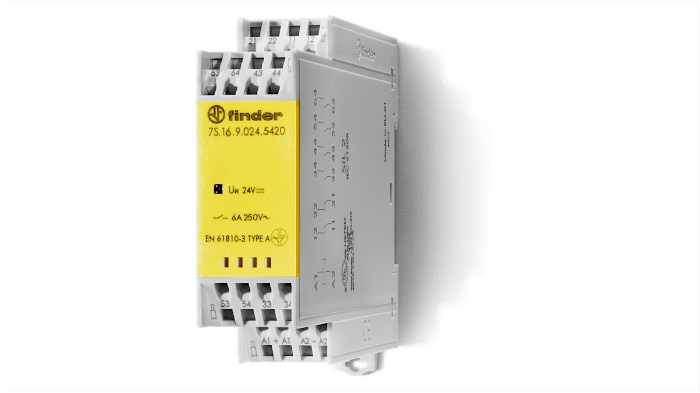 Relè senza blocco con contatti guidati Finder, 4NA/2NC, bobina 230V ca, Guida DIN