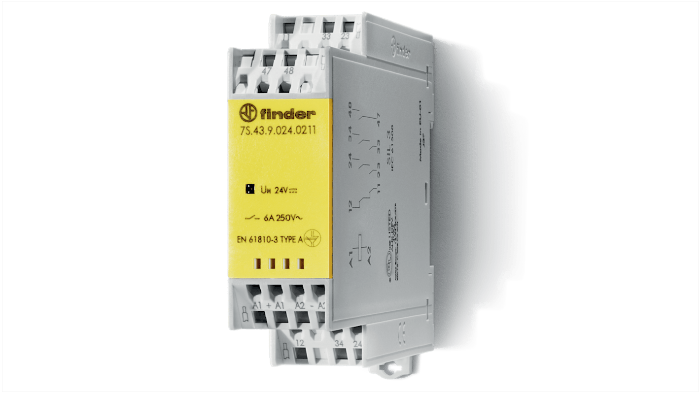 Finder DIN Rail Non-Latching Relay with Guided Contacts , 12V dc Coil, 6A Switching Current, 3P