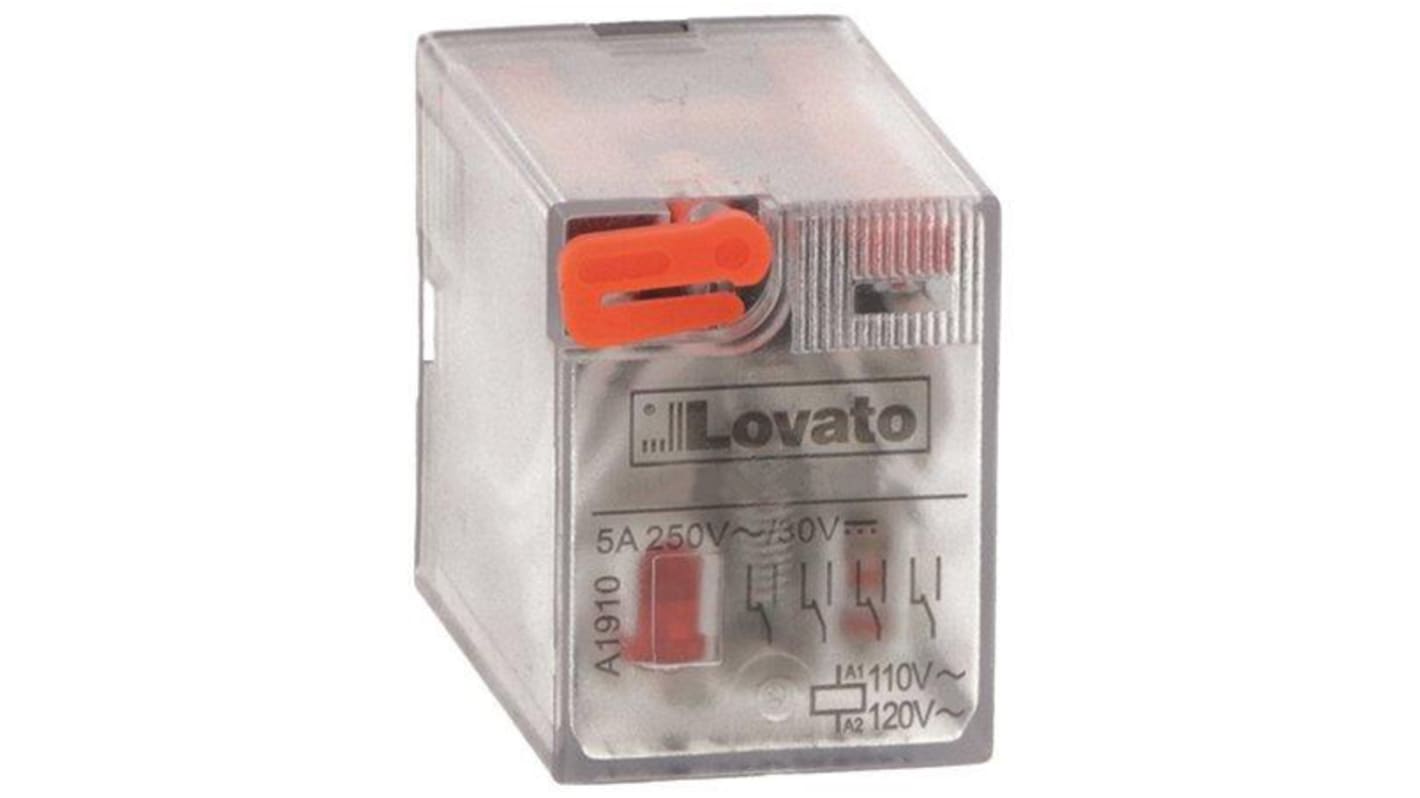 Relé sin enclavamiento Lovato de 2 polos, DPDT, bobina 110V ac, 7A, enchufable