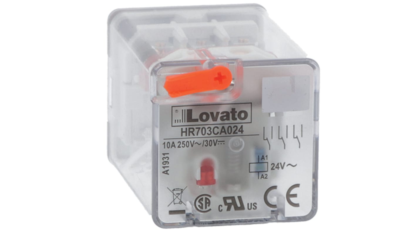 Lovato Plug In Non-Latching Relay, 24V ac Coil, 10A Switching Current, DPDT