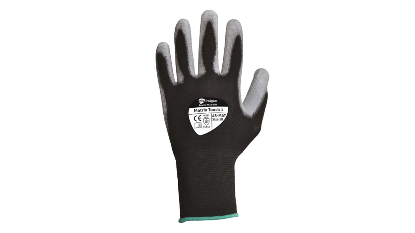 Guantes de trabajo de Poliuretano Negro Polyco Healthline, talla 9, con recubrimiento de Poliuretano, Montaje, sector