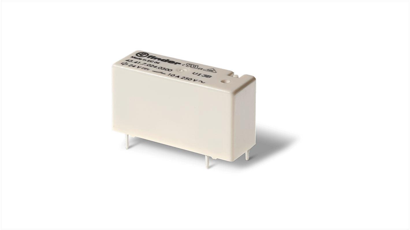 Relé sin enclavamiento Finder de 1 polo, SPDT, bobina 5V dc, 10A, Montaje en PCB, Conexión