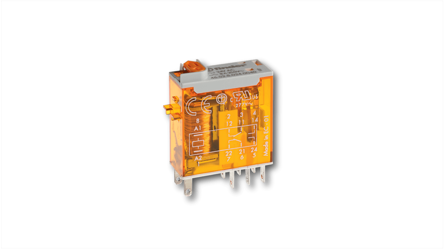 Relé sin enclavamiento sin enclavamiento Finder de 2 polos, bobina 12V ac, 8A, Montaje enchufable