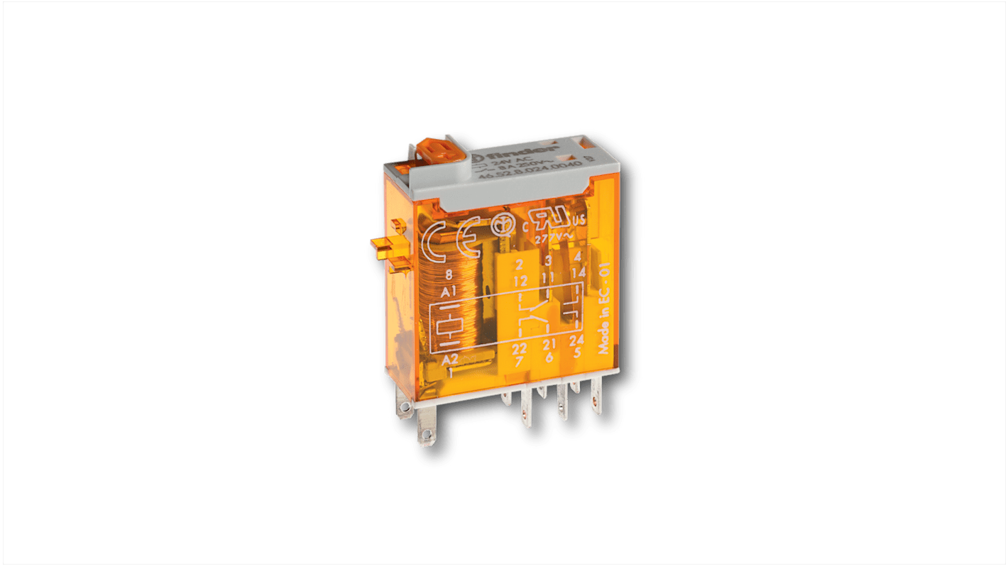 Finder Plug-In Mount Non-Latching Relay, 24V ac Coil, 8A Switching Current