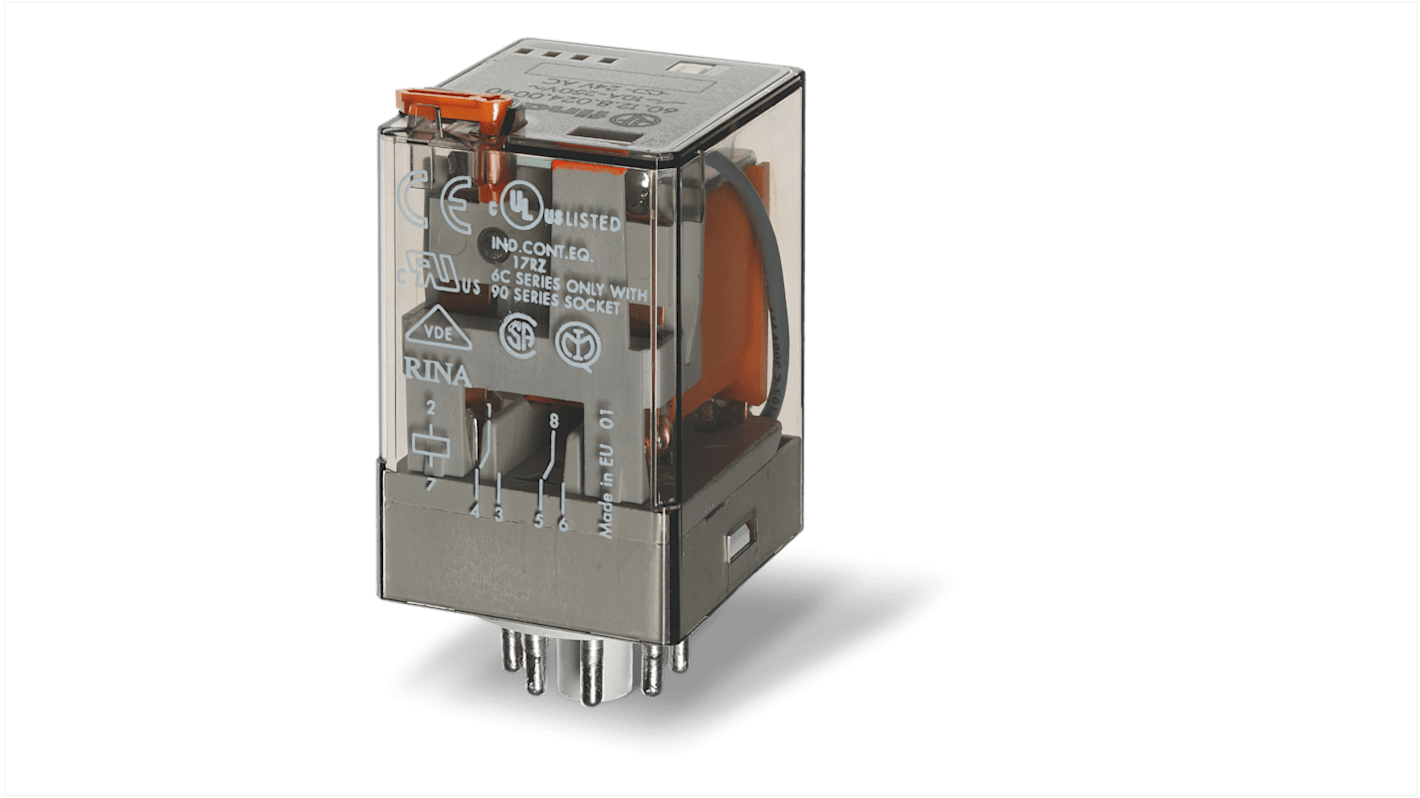 Finder Plug-In Mount Relay, 125V ac Coil, 6A Switching Current