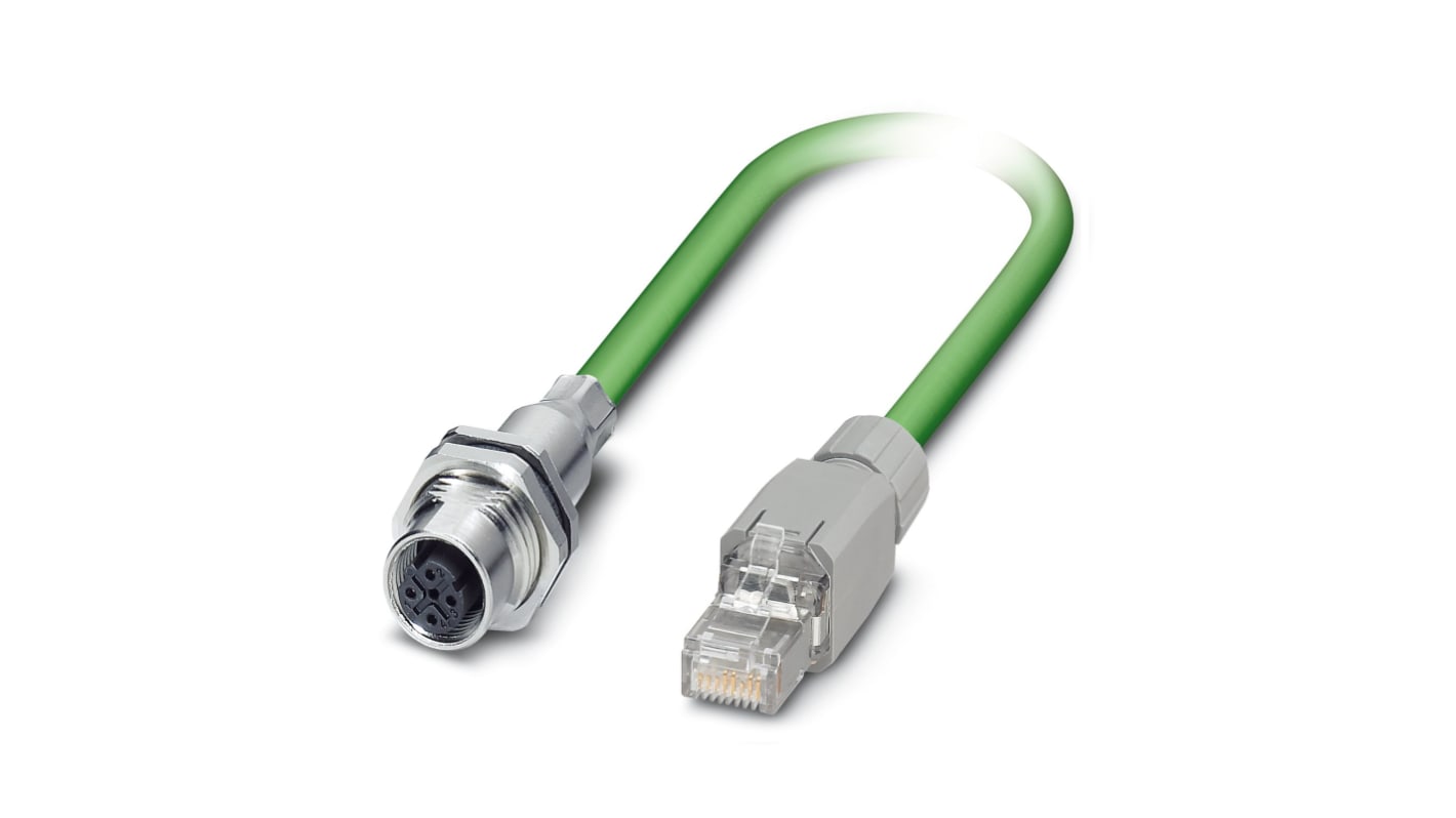 Phoenix Contact Cat5e Straight Female M12 to Straight RJ45 Ethernet Cable, Aluminium Foil, Tinned Copper Braid, Green,