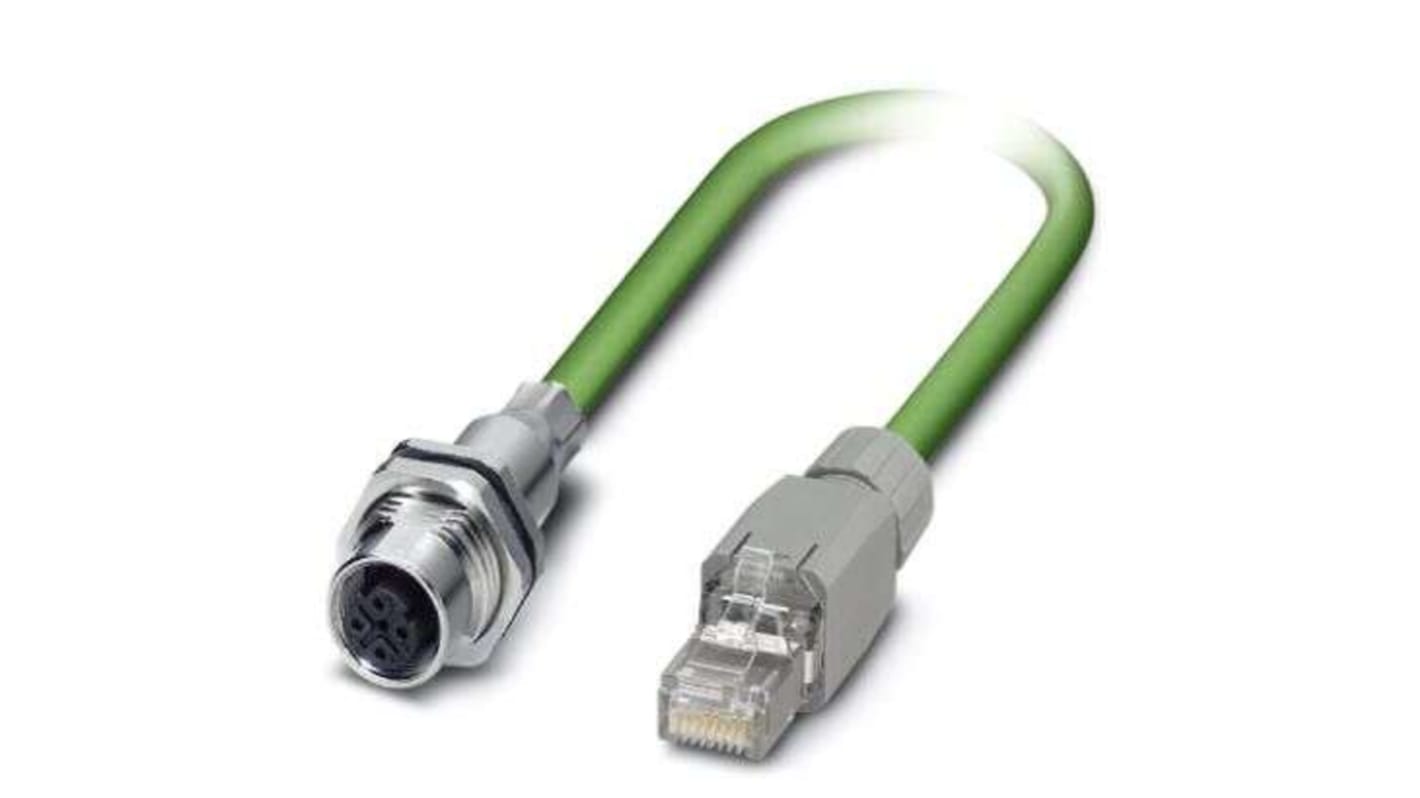 Phoenix Contact Cat5e Straight Female M12 to Straight RJ45 Ethernet Cable, Aluminium Foil, Tinned Copper Braid, Green,