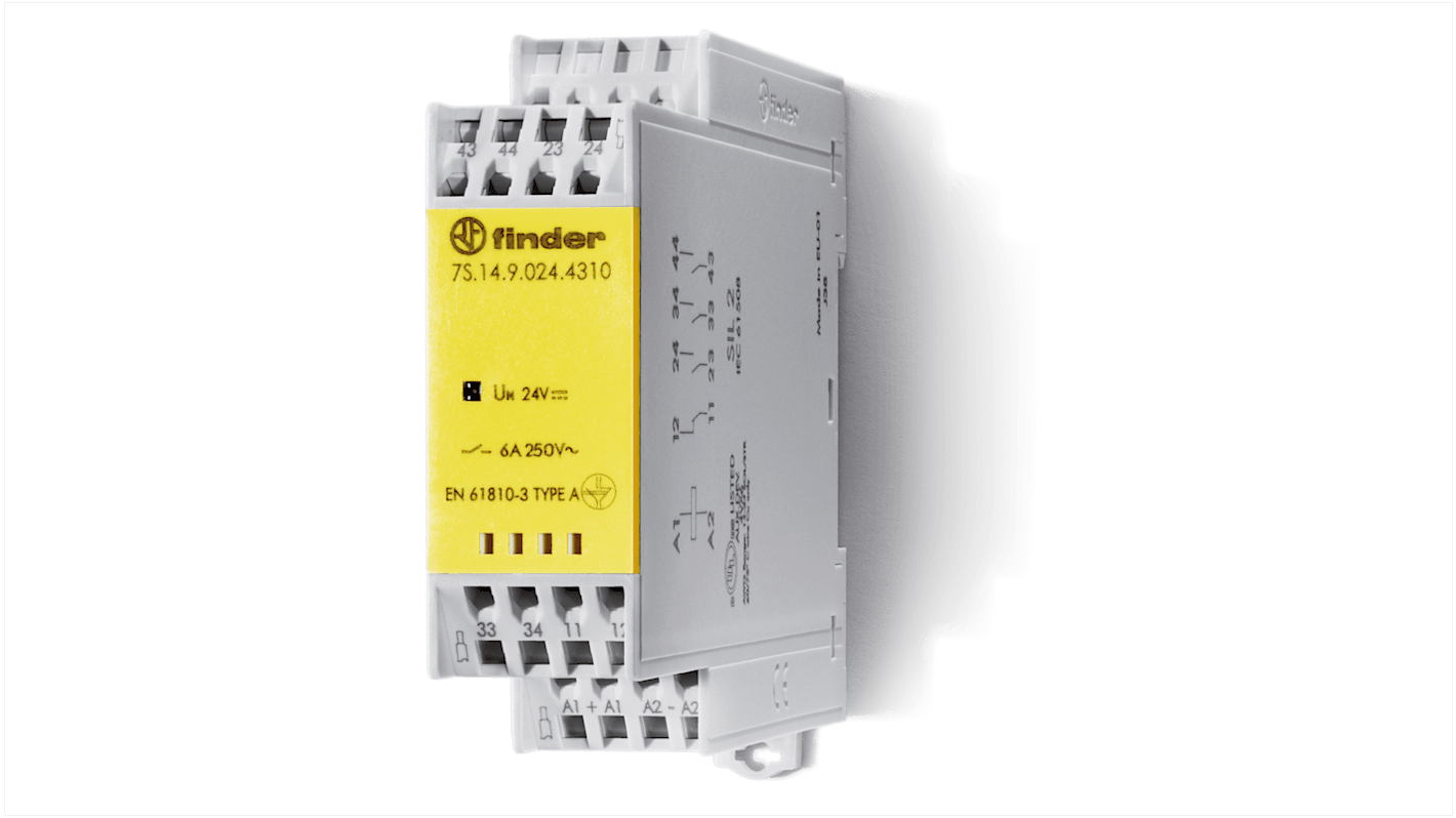 Relé sin enclavamiento sin enclavamiento Finder de 4 polos, 3PDT, bobina 120V ac, 6A, Carril DIN