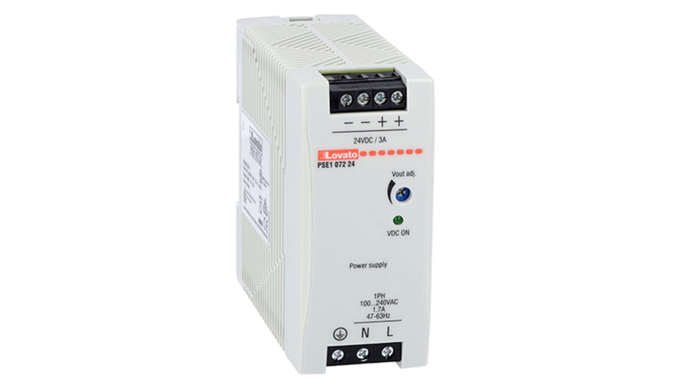 Lovato PSE1 Switched Mode DIN Rail Power Supply, 100 → 240V ac ac Input, 24V dc dc Output, 3A Output, 72W