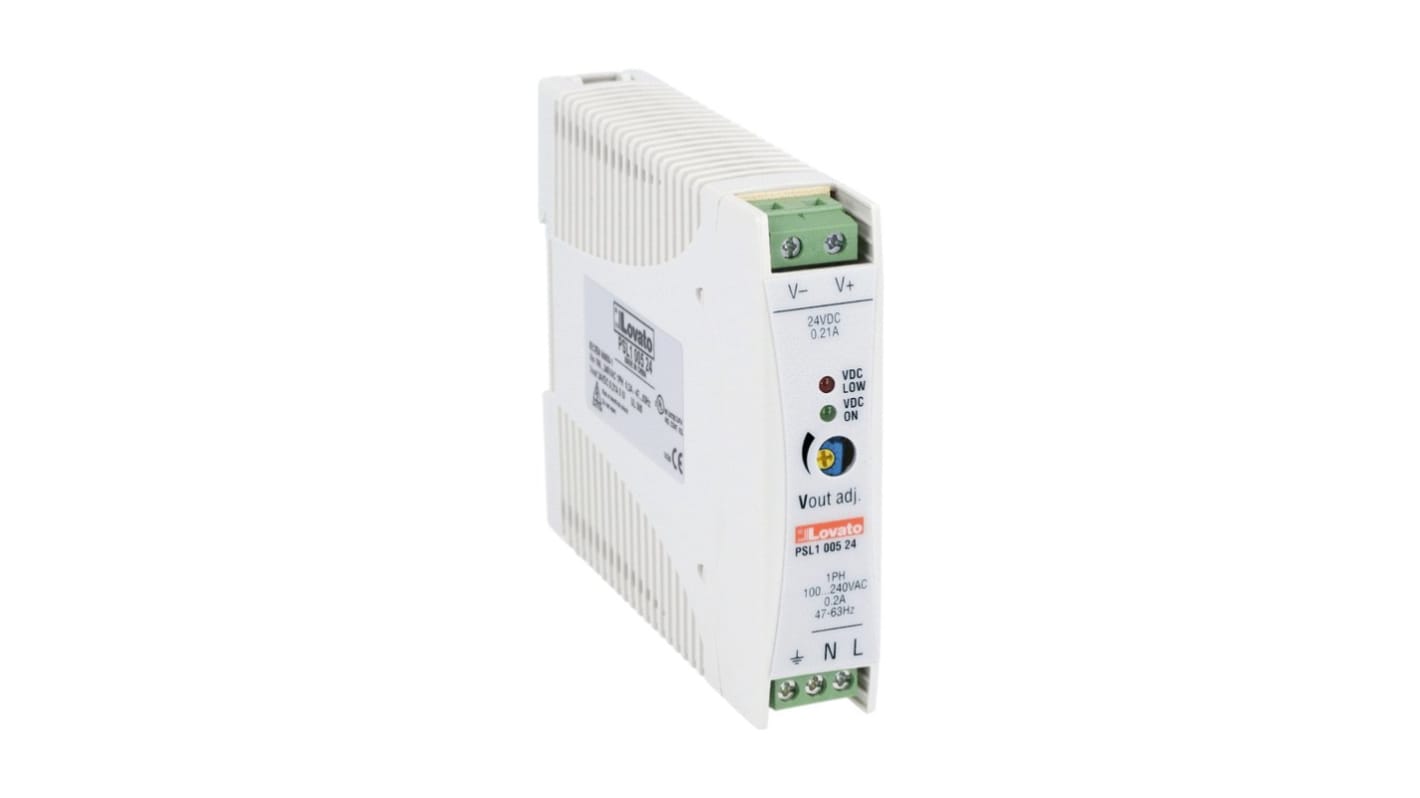 Lovato PSE1 Switched Mode DIN Rail Power Supply, 100 → 240V ac ac Input, 24V dc dc Output, 210mA Output, 5W