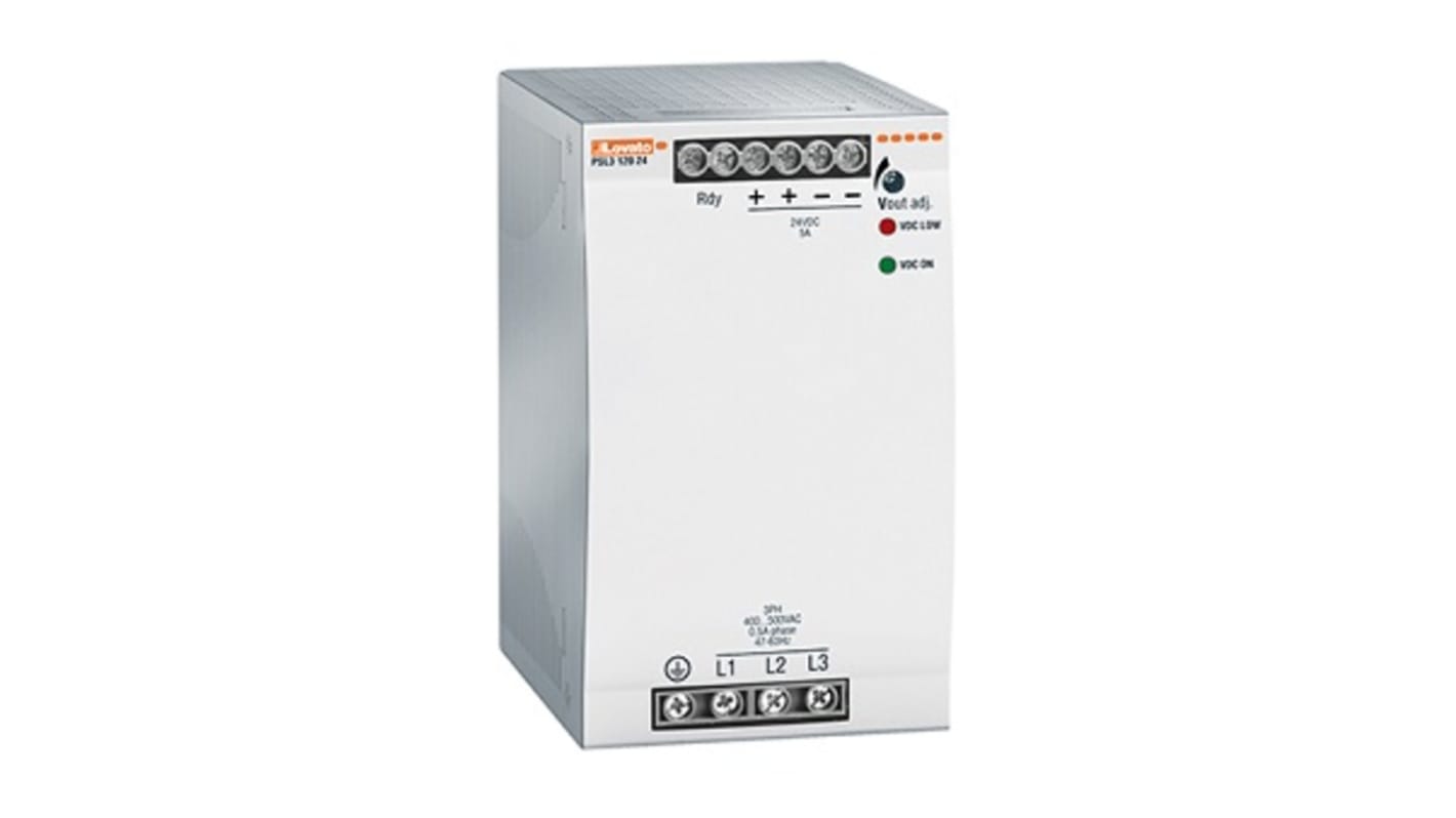 Lovato PSE1 Switched Mode DIN Rail Power Supply, 400 → 500V ac ac Input, 24V dc dc Output, 5A Output, 120W