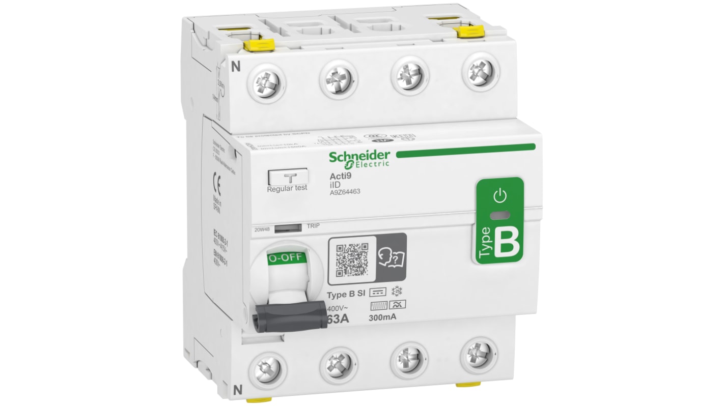 Schneider Electric iID RCCB, 63A, 4 Pole, 300mA, Type B-SI, 400V ac