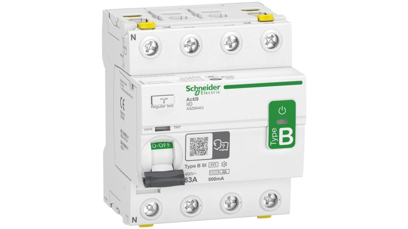 Schneider Electric iID RCCB, 63A, 4 Pole, 500mA, Type B-SI, 400V ac