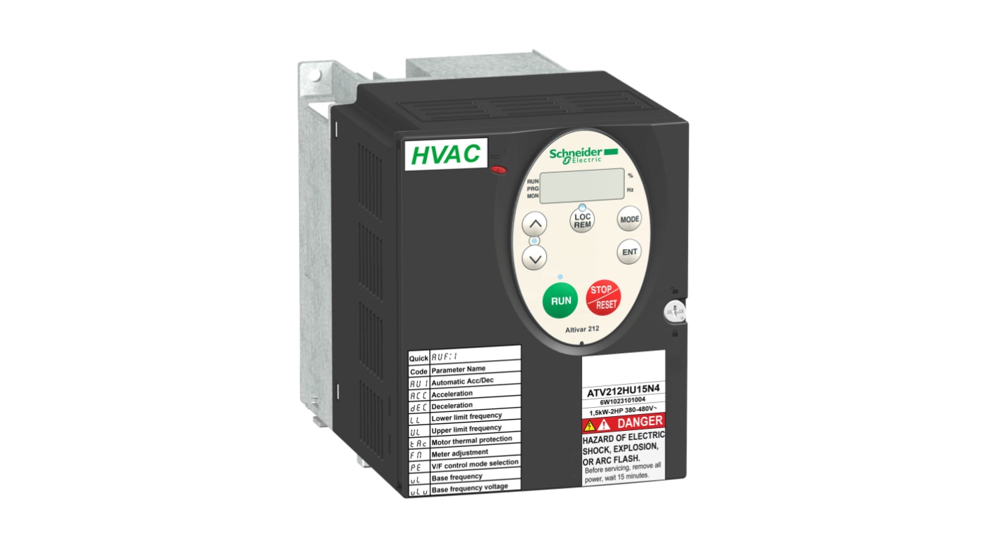 Variador de frecuencia Schneider Electric serie ATV212, 1,5 kW, 480 V, 3 fases, 2,5 A, 3,2 A, 0.5 → 200Hz, IP21,