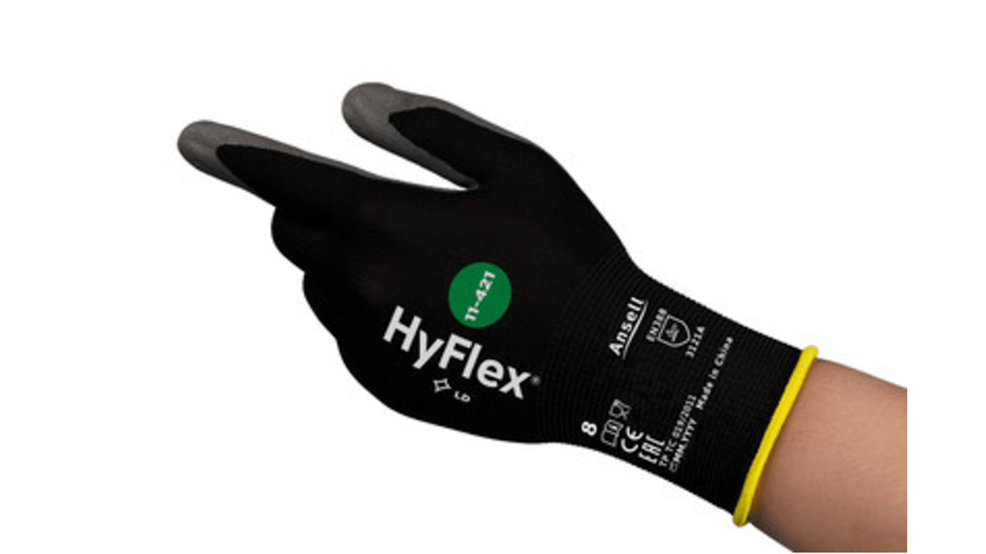 Ansell Black Nylon Abrasion Resistant Work Gloves, Size 6, Polyurethane Coating
