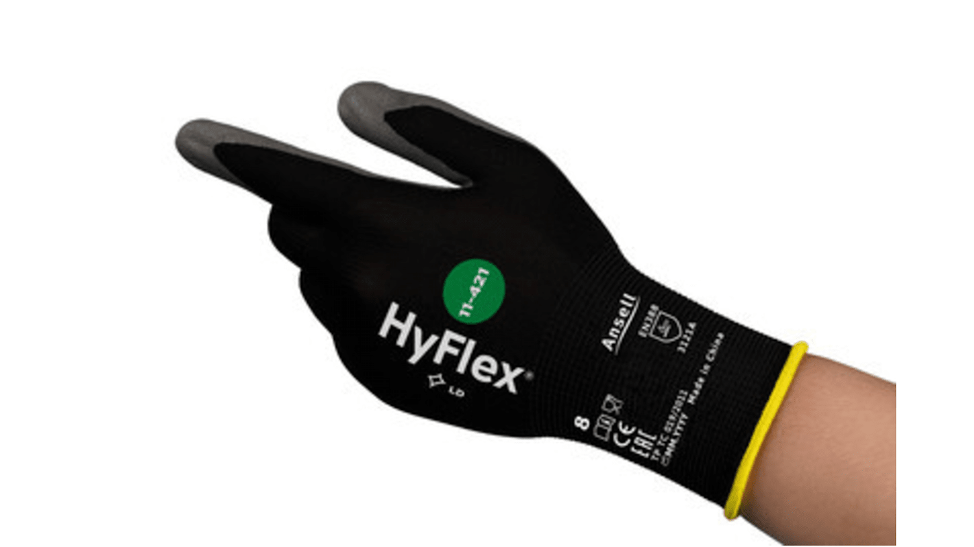 Ansell Black Nylon Abrasion Resistant Work Gloves, Size 11, Polyurethane Coating