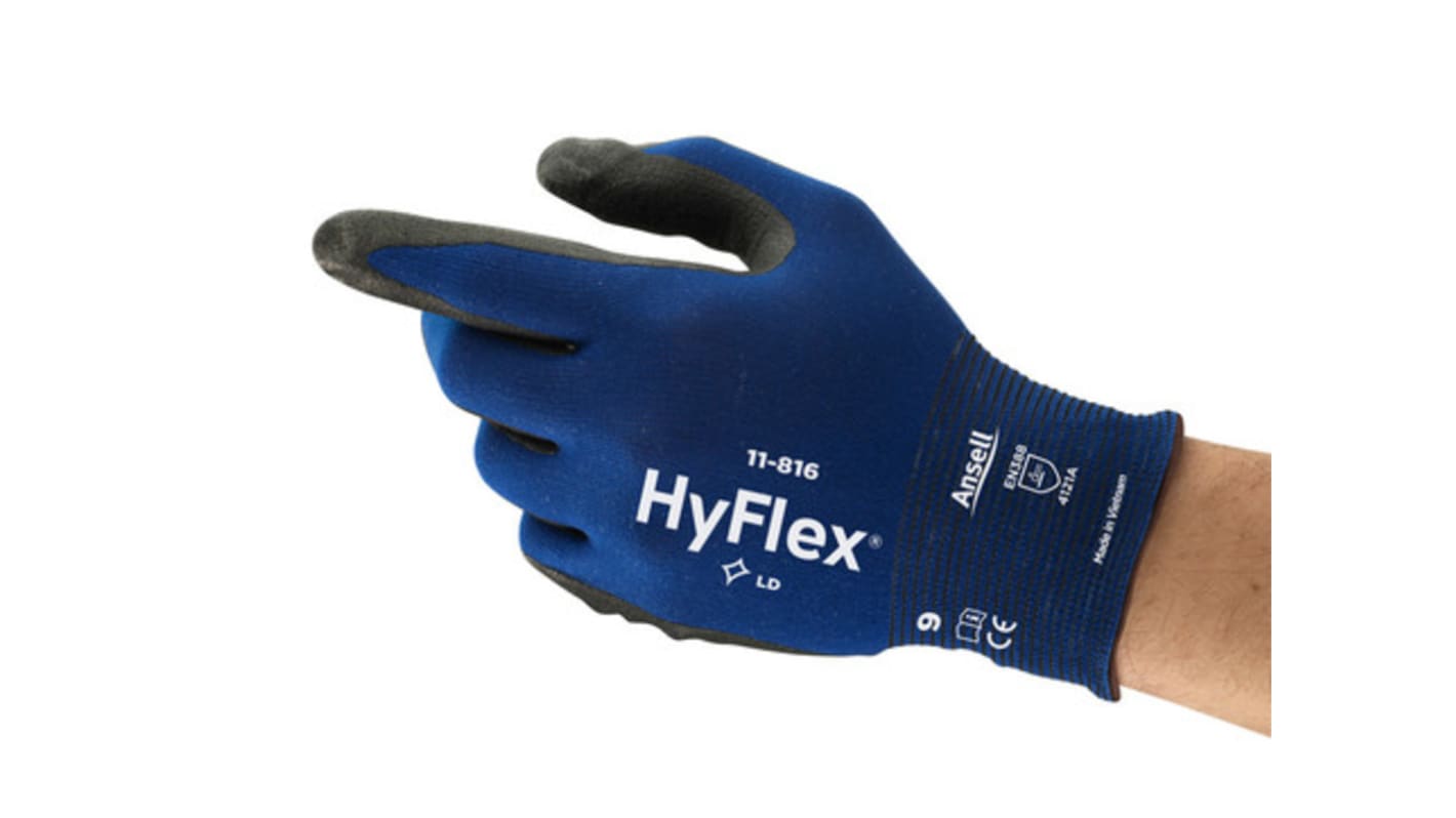 Ansell Black, Blue Nylon, Spandex Extra Grip, Good Dexterity Work Gloves, Size 6, XS, Nitrile Foam Coating
