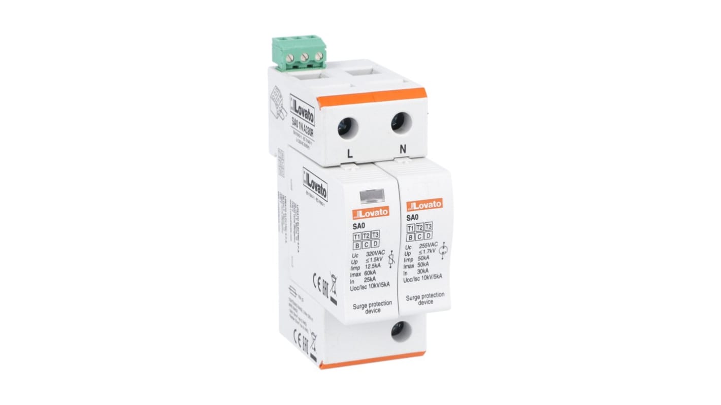 SA01NA320R Lovato Single Phase Surge Protector, 60kA, DIN Rail Mount RS